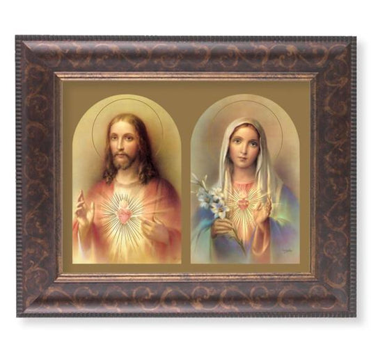 The Sacred Hearts Picture, 11-1/4"x13-1/4, Antique Gold & Espresso Frame, Italian Print Under Glass # 25817
