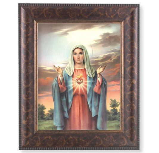 Immaculate Heart of Mary Picture, 11-1/4"x13-1/4, Antique Gold & Espresso Frame, Italian Print Under Glass # 25824