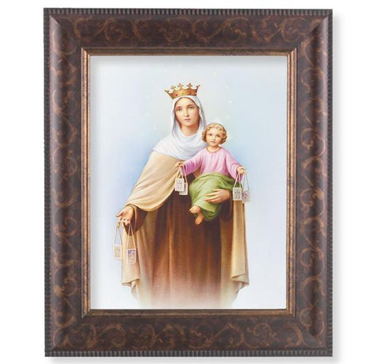 Our Lady of Mount Carmel Picture, 11-1/4"x13-1/4, Antique Gold & Espresso Frame, Italian Print Under Glass # 25826