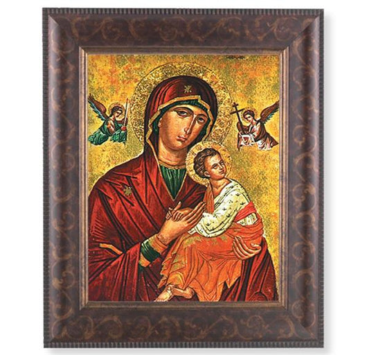 Our Lady of Passion Picture, 11-1/4"x13-1/4, Antique Gold & Espresso Frame, Italian Print Under Glass # 25851