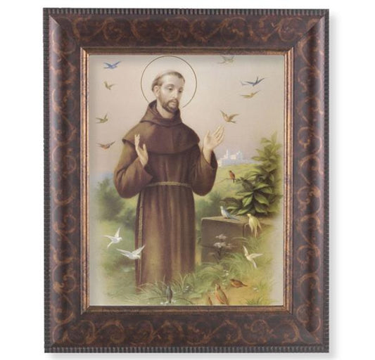 St. Francis of Assisi Picture, 11-1/4"x13-1/4, Antique Gold & Espresso Frame, Italian Print Under Glass # 25865