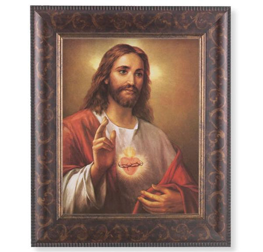 Sacred Heart of Jesus Picture, 11-1/4"x13-1/4, Antique Gold & Espresso Frame, Italian Print Under Glass # 25887