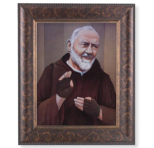 St. Padre Pio Picture, 11-1/4"x13-1/4, Antique Gold & Espresso Frame, Italian Print Under Glass # 25889