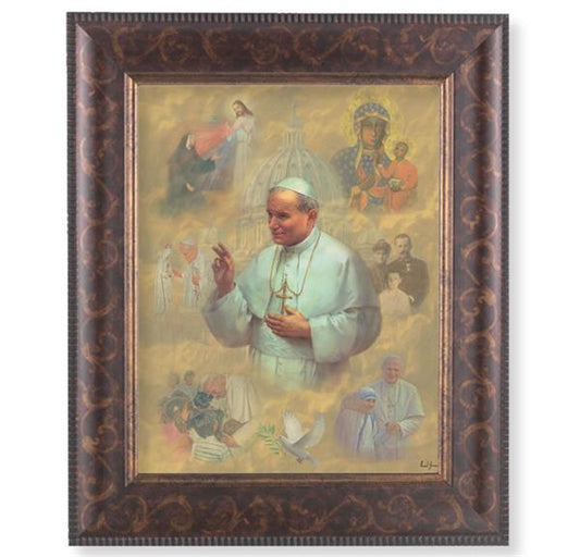 St. John Paul II Collage Picture, 11-1/4"x13-1/4, Antique Gold & Espresso Frame, Italian Print Under Glass # 25891