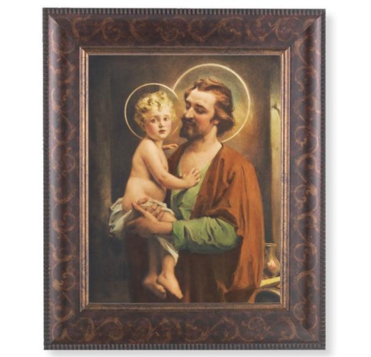 St. Joseph with Jesus Picture, 11-1/4"x13-1/4, Antique Gold & Espresso Frame, Italian Print Under Glass # 25917
