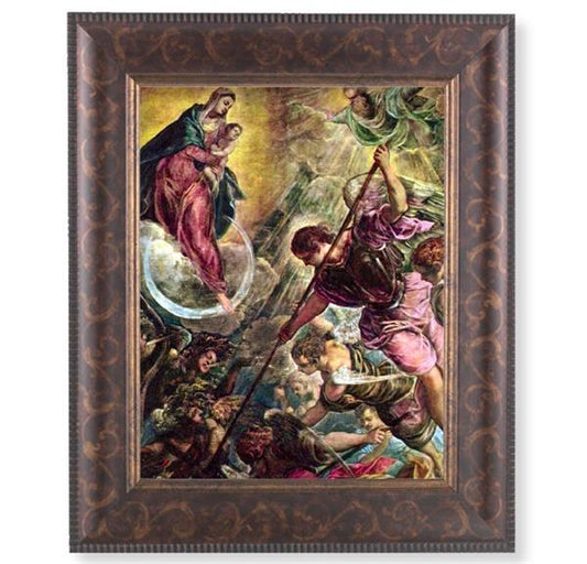 Battle of Archangel St. Michael Picture, 11-1/4"x13-1/4, Antique Gold & Espresso Frame, Italian Print Under Glass # 25919