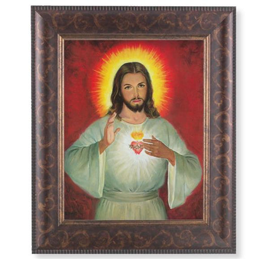 Sacred Heart of Jesus Picture, 11-1/4"x13-1/4, Antique Gold & Espresso Frame, Italian Print Under Glass # 25931