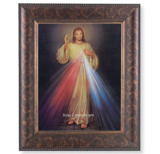 Divine Mercy Picture, 11-1/4"x13-1/4, Antique Gold & Espresso Frame, Italian Print Under Glass # 25934