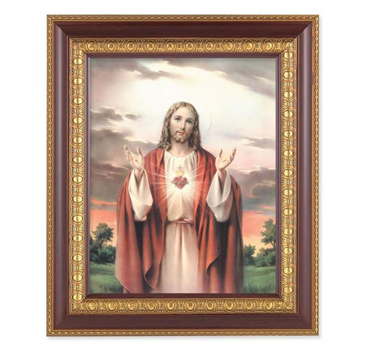 Sacred Heart of Jesus, 11-1/2"x13-1/2, Cherry Finish with Gold Egg & Dart Frame, Italian Print Under Glass # 25952