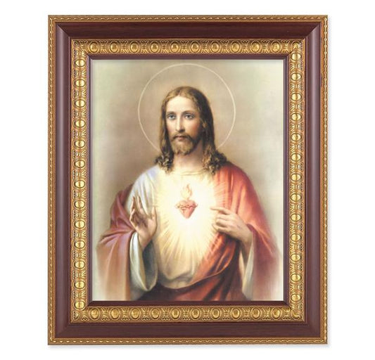 Sacred Heart of Jesus, 11-1/2"x13-1/2, Cherry Finish with Gold Egg & Dart Frame, Italian Print Under Glass # 25958