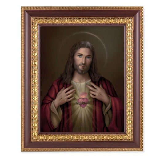Sacred Heart of Jesus, 11-1/2"x13-1/2, Cherry Finish with Gold Egg & Dart Frame, Italian Print Under Glass # 25960