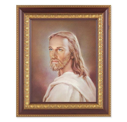 Head of Christ, 11-1/2"x13-1/2, Cherry Finish with Gold Egg & Dart Frame, Italian Print Under Glass # 25968