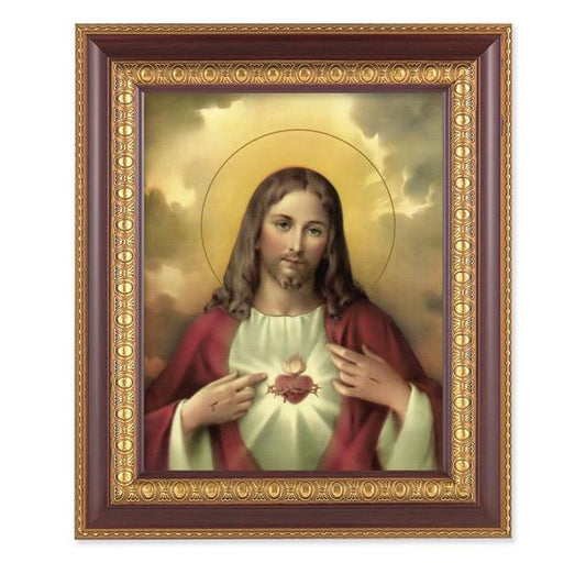 Sacred Heart of Jesus, 11-1/2"x13-1/2, Cherry Finish with Gold Egg & Dart Frame, Italian Print Under Glass # 25981
