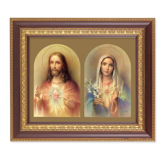 The Sacred Hearts, 11-1/2"x13-1/2, Cherry Finish with Gold Egg & Dart Frame, Italian Print Under Glass # 25985