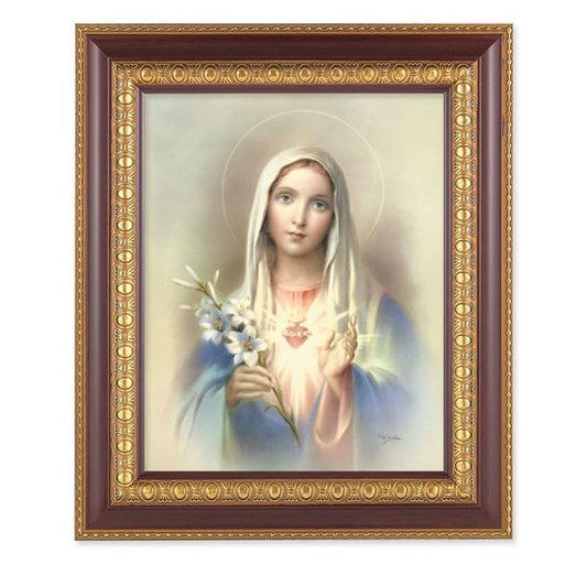 Immaculate Heart of Mary, 11-1/2"x13-1/2, Cherry Finish with Gold Egg & Dart Frame, Italian Print Under Glass # 25998