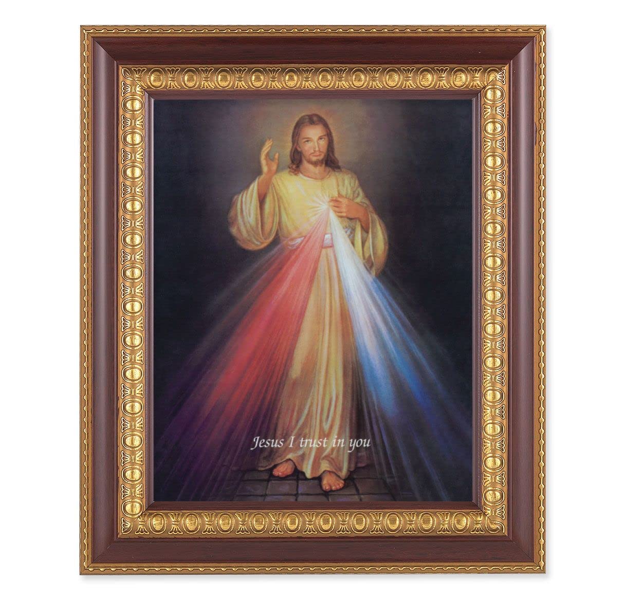 Divine Mercy Picture, 11-1/2"x13-1/2, Cherry Finish with Gold Egg & Dart Frame, Italian Print Under Glass # 26144