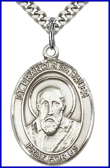 St. Francis de Sales Medal, Sterling Silver, 1"x3/4", Your choice of chain, # 26004