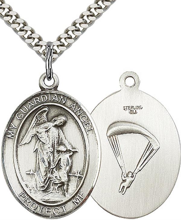 Guardian Angel Paratrooper Skydiving Medal, 1" tall, Sterling Silver, Your Choice of Chain, # 2603