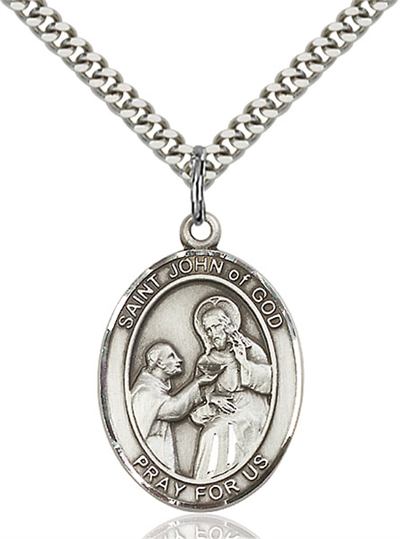 1"x3/4" Sterling Silver St. John of God Medal, Your Choice of Chain, # 26035