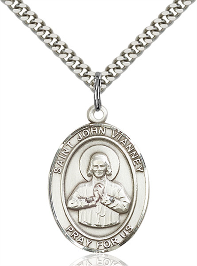 1"x3/4" Sterling Silver St. John Vianney Medal, Your Choice of Chain, # 26039