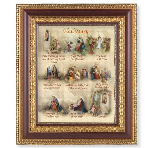 Hail Mary in Images, 11-1/2"x13-1/2, Cherry Finish with Gold Egg & Dart Frame, Italian Print Under Glass # 26040