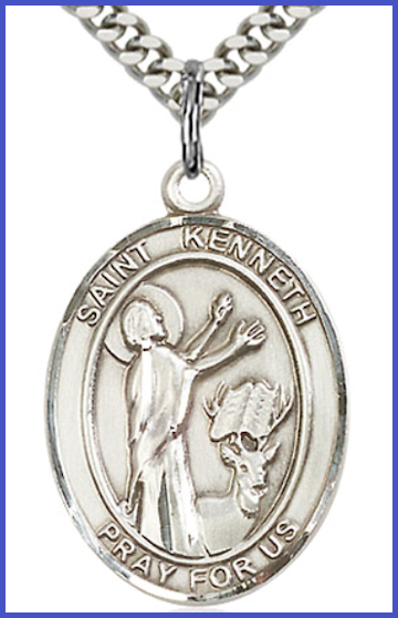 1"x3/4" Sterling Silver St. Kenneth Medal, Your Choice of Chain, # 26047