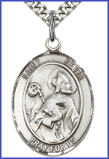 1"x3/4" Sterling Silver St. Kevin Medal, Your Choice of Chain, # 26048