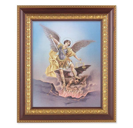 St. Michael, 11-1/2"x13-1/2, Cherry Finish with Gold Egg & Dart Frame, Italian Print Under Glass # 26060