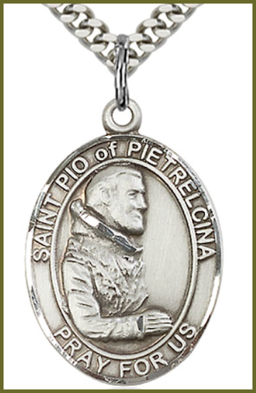 Sterling Silver Medal, 1" x 3/4", St. Pio of Pietrelcina, Your Choice of Chain, # 26078