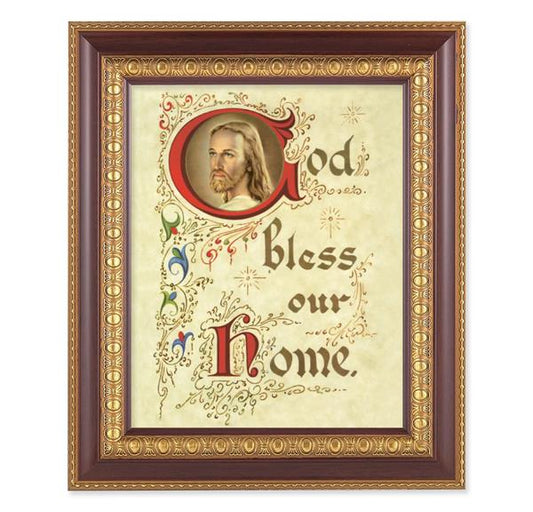 God Bless Our Home, 11-1/2"x13-1/2, Cherry Finish with Gold Egg & Dart Frame, Italian Print Under Glass # 26081