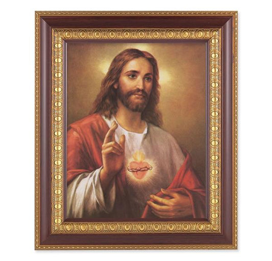 La Fuente: Sacred Heart of Jesus, 11-1/2"x13-1/2, Cherry Finish with Gold Egg & Dart Frame, Italian Print Under Glass # 26087