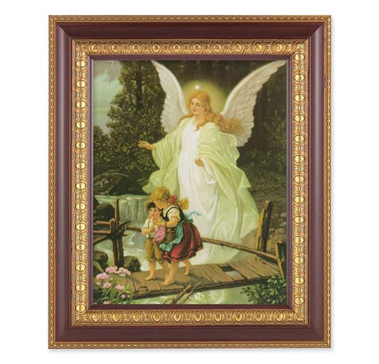 Guadian Angel with Children, 11-1/2"x13-1/2, Cherry Finish with Gold Egg & Dart Frame, Italian Print Under Glass # 26101