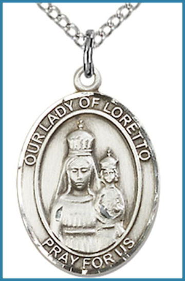 Sterling Silver Medal, 3/4"x9/16", Our Lady of Loretto, Your Choice of Chain, # 26216