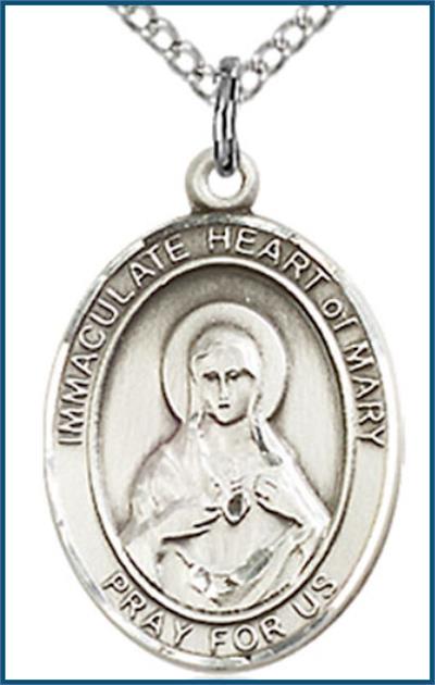 Sterling Silver Medal, 3/4"x9/16", Immaculate Heart of Mary, Your Choice of Chain, # 26219