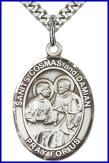 Sts. Cosmas & Damian Medal, Sterling Silver, 1"x3/4", Your choice of chain, # 26232