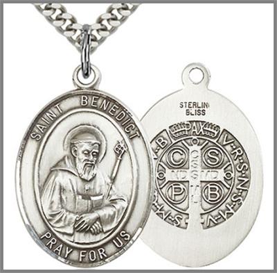 St. Benedict Medal, Sterling Silver, 1"x3/4", Your Choice of Chain, # 26255