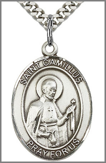 St. Camillus of Lellis Medal, Sterling Silver, 1"x3/4", 24" chain, # 26264-sale