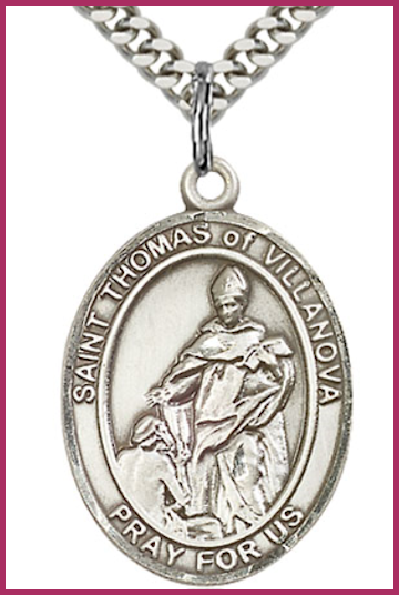 Sterling Silver Medal, 1"x3/4", St. Thomas of Villanova, Your Choice of Chain, # 26287