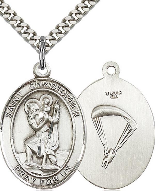 St. Christopher Paratrooper Skydiving Medal, 1" tall, Sterling Silver, Your Choice of Chain, # 2633