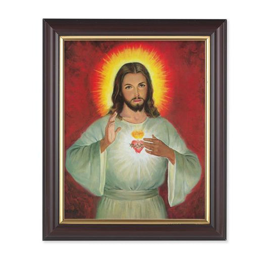 Sacred Heart of Jesus Picture, 10"x12", Classic Fluted Walnut Finished Frame, Italian Print Under Glass # 26361