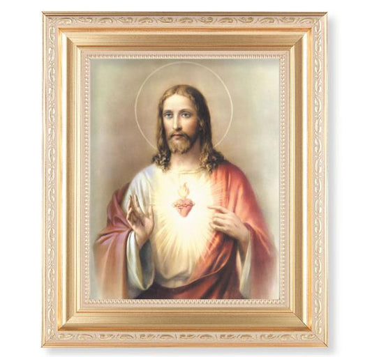 Sacred Heart of Jesus, 11.5"x13.5" Satin Gold Frame, Distressed Finish with Scrollwork, Italian Print Under Glass # 26388