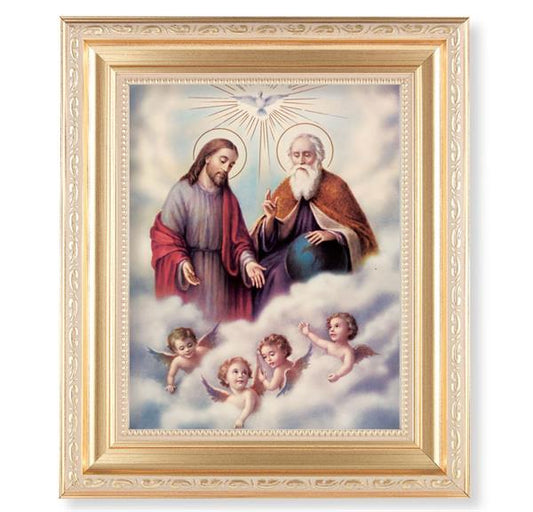 The Holy Trinity, 11.5"x13.5" Satin Gold Frame, Distressed Finish with Scrollwork, Italian Print Under Glass # 26399