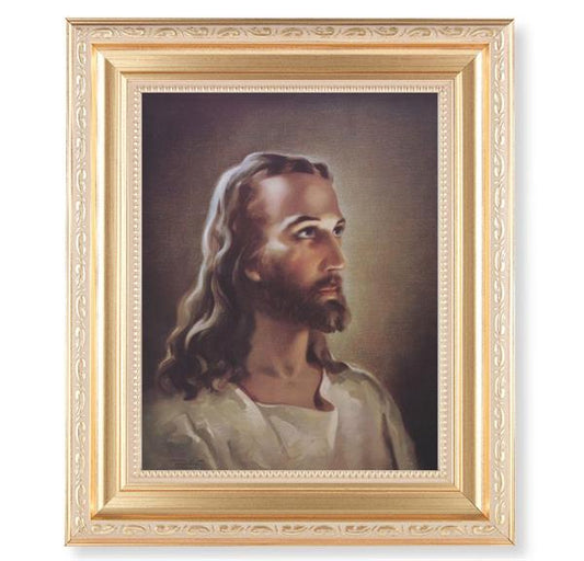 Sallman: Head of Christ, 11.5"x13.5" Satin Gold Frame, Distressed Finish with Scrollwork, Italian Print Under Glass # 26403
