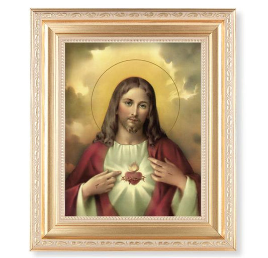 Sacred Heart of Jesus, 11.5"x13.5" Satin Gold Frame, Distressed Finish with Scrollwork, Italian Print Under Glass # 26411