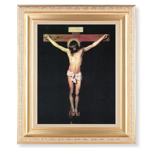 The Crucifixion, 11.5"x13.5" Satin Gold Frame, Distressed Finish with Scrollwork, Italian Print Under Glass # 26412