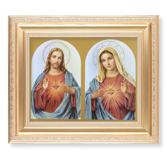 The Sacred Hearts, 11.5"x13.5" Satin Gold Frame, Distressed Finish with Scrollwork, Italian Print Under Glass # 26414