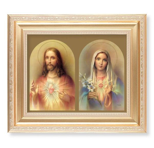 The Sacred Hearts, 11.5"x13.5" Satin Gold Frame, Distressed Finish with Scrollwork, Italian Print Under Glass # 26415
