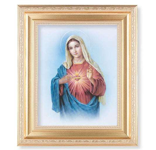 Immaculate Heart of Mary, 11.5"x13.5" Satin Gold Frame, Distressed Finish with Scrollwork, Italian Print Under Glass # 26418