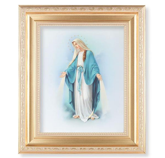 Our Lady of Grace, 11.5"x13.5" Satin Gold Frame, Distressed Finish with Scrollwork, Italian Print Under Glass # 26419