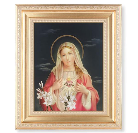 Immaculate Heart of Mary, 11.5"x13.5" Satin Gold Frame, Distressed Finish with Scrollwork, Italian Print Under Glass # 26423